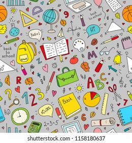 Seamless vector pattern with doodle school stuff. Can be used for wrapping paper, textiles, wallpaper, websites, blogs, scrapbooking, cards