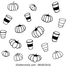 Seamless vector pattern pattern in doodle sketch style with pumpkin and coffee