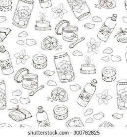 Seamless vector pattern. Doodle spa elements. White background.