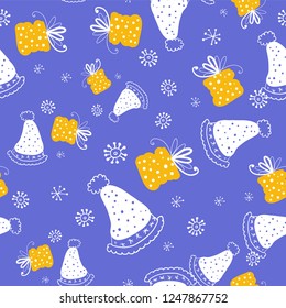 Seamless vector pattern. Doodle style seamless pattern with knitted hats and gift boxes on the white snowflakes background.