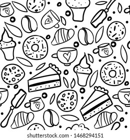 Seamless vector pattern in doodle style with cake, coffee cups, donut, cupcakes, cookies, croissant. Hand drawn illustration for textile, poster, cards design 