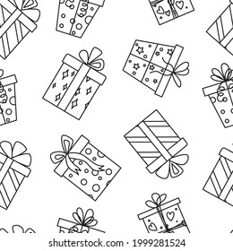 Seamless vector pattern in doodle style with gift boxes. Black and white.