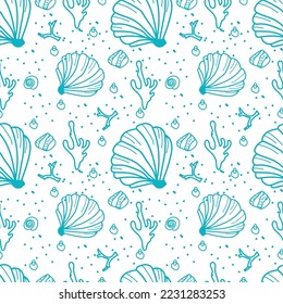 Seamless vector pattern in doodle style. Marine theme.Shells, corals, stones, dots on a white background.