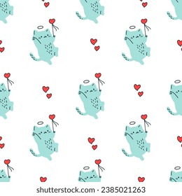 Seamless vector pattern in doodle style. Cute cat with a magic wand in the shape of a heart. Valentine's Day pattern 
