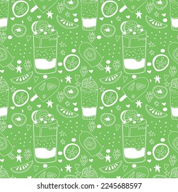 Seamless vector pattern in doodle style.Summer, vacation, desserts, ise cream. Cocktails in glasses, ice cream, fruits on a green background. Design for wrapping paper