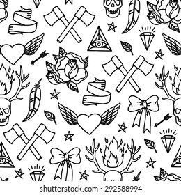 Seamless vector pattern doodle tattoo. Hipster tattoo vector pattern