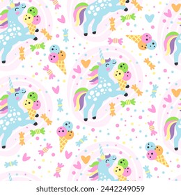 Seamless vector pattern with doodle unicorns, ice cream and candy on a white background. For textiles, wallpapers or prints, party, baby shower, design, decorations, linen, dishes, apparel and fabric