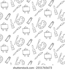 Seamless vector pattern with doodles of drawing palettes, brushes and paints on a white background.