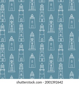 Seamless vector pattern with doodle-style beacons. Linear illustration with architectural elements on a dark blue background for printing on fabric, clothing, packaging and much more.