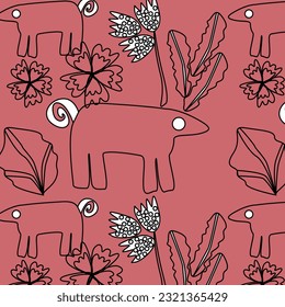 Seamless vector pattern. Doodling animals and plants 