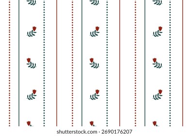 Seamless vector pattern with dotted lines and simple flower branches in soft muted colors — minimal botanical retro background for fabric, wallpaper, wrapping paper, and digital design projects.