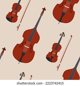Seamless vector pattern with double basses, violins and bows. Art vector color illustration.