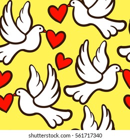 Seamless vector pattern with doves and hearts.