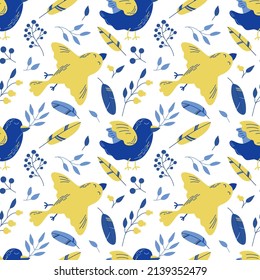 Seamless vector pattern with doves, plants, and feathers. Background with flying birds and plants in yellow and blue colors. 