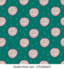 Seamless vector pattern with dragon fruit Pitaya on a green background. Modern concept for fabric and paper, surface textures. Hand drawn flat illustration