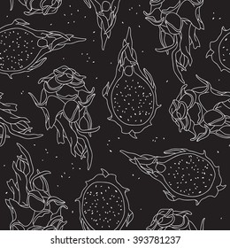 Seamless vector pattern of dragon fruit on a black background.