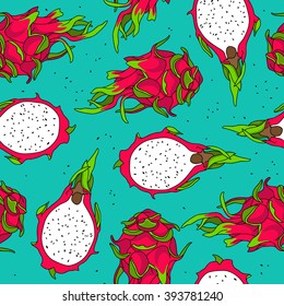 Seamless vector pattern of dragon fruit on a blue background.
