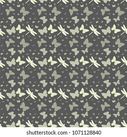 Seamless vector pattern with dragonflies and butterflies. Repeatable ornamental design
