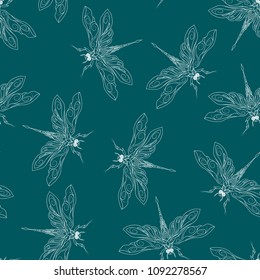 Seamless vector pattern dragonflies on turquoise background. Tillable background for your fabric, textile design, wrapping paper or wallpaper, kids wear, shower, greeting and postcard. EPS10.