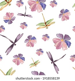 Seamless vector pattern with dragonflies on a floral background. Floral seamless pattern. Linear sketchy style flower elements. Vintage fabric design. Vector illustration