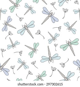 seamless vector pattern with dragonfly and dandelion on white background