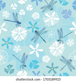 Seamless vector pattern with dragonfly and flowers great for various projects and occasions. 