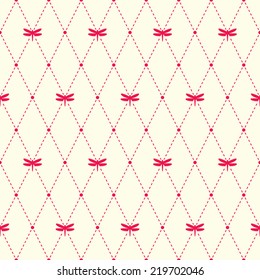 Seamless vector pattern with dragonfly or moth and argyle elements. Simple cute background with decorative insects and geometric design. 