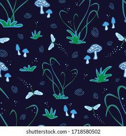 Seamless vector pattern with dragonfly and mushrooms on blue background. Bio luminescence magic forest wallpaper design.
