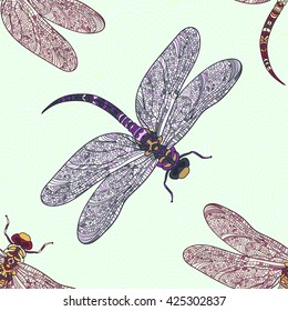 Seamless vector pattern with dragonfly on a tender blue background. Elegant decoration. Can be used for wallpaper, pattern fills, web page background, surface textures. Vector tribal design.