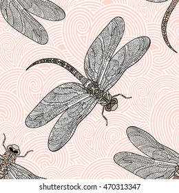 Seamless vector pattern with dragonfly on a tender background. Elegant decoration. Can be used for wallpaper, pattern fills, web page background, surface textures. Vector boho design