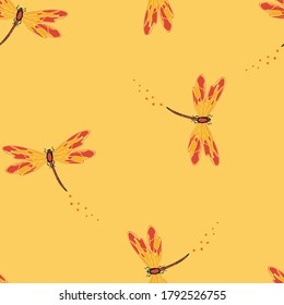 Nahtlose Vektorgrafik mit Libellenfliege auf gelbem Hintergrund. Einfaches Design für Insektenhintergründe. Schöne, ruhige Modetextilien.