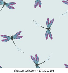 Seamless vector pattern with dragonfly's on blue background. Simple insect wallpaper design. Beautiful wildlife fashion textile.