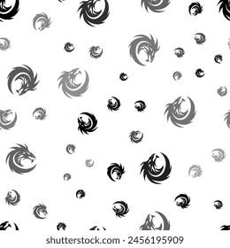 Seamless vector pattern with dragon's head symbols, creating a creative monochrome background with rotated elements. Vector illustration on white background