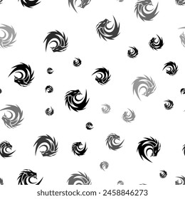 Seamless vector pattern with dragon's head symbols, creating a creative monochrome background with rotated elements. Vector illustration on white background
