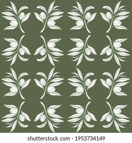 Seamless vector pattern drawing of olive tree branches. Vintage olive background .