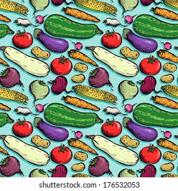 seamless vector pattern with drawing vegetables, hand drawn vintage food illustration