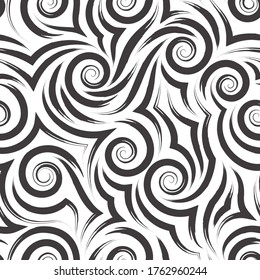 Seamless vector pattern drawn by brush strokes or black paint in the form of spirals of flowing lines and curls isolated on a white background.Texture for the fabric of wrapping paper for curtains