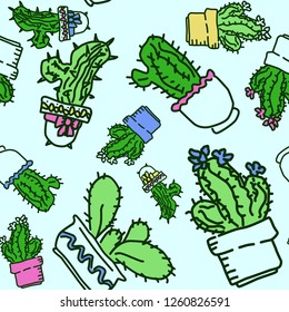 Seamless vector pattern of drawn cactus in pots