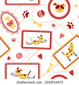 Seamless vector pattern with drawn dogs, frame,  portrait. Drawings  .  Doodle illustration. Background for textiles, packaging.  