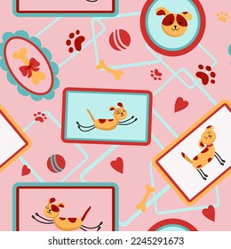 Seamless vector pattern with drawn dogs, frame,  portrait. Drawings  .  Doodle illustration. Background for textiles, packaging.  