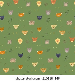 Seamless vector pattern of drawn faces of wild cats, cat's eyes, spots on a stained background. Tiger, lion, jaguar, lynx, leopard, manul, puma, panther.