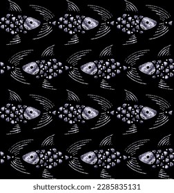 Seamless vector pattern of drawn fish in silver shades on a black background.