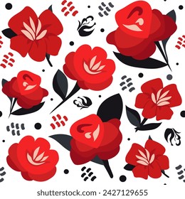 Seamless vector pattern with drawn flowers and leaf. Red black background with plants in flat design. For scrapbooking, kids clothes, dress and textile