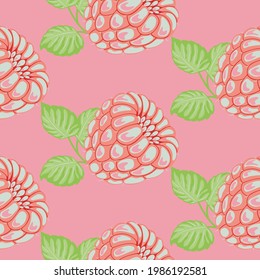 Seamless vector pattern of drawn pink raspberries with green leaves. Colorful raspberry in vintage style on pink background. Healthy organic vegan food.Flat design.