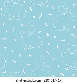Seamless vector pattern of drawn rabbits, eggs and flowers. Simple blue outline illustration. For fabric, wrapping paper, bedding, wallpaper.