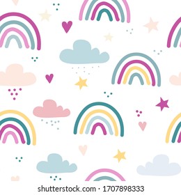 Seamless vector pattern with drawn rainbows, stars, and hearts. Scandinavian children's texture for fabric, wraps, textiles, Wallpaper, clothing. Illustration on a white background