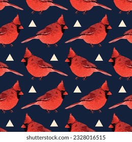 Seamless vector pattern with drawn red cardinal bird. Northern Cardinal pattern. Design with nature elements for wallpaper, fabric printing, interior project, photo wallpaper, poster, home decor.