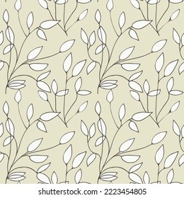Seamless vector pattern drawn with simple linear elements, leaves