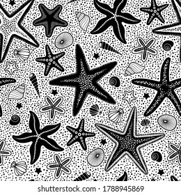 Seamless vector pattern with drawn starfish and seashells.