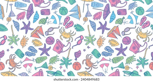 Seamless vector pattern of drawn symbols summer resort beach holidays 